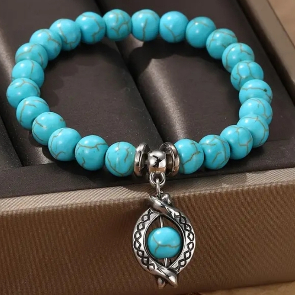 ♦️Eye Shape Pendant Beaded Bracelet Smooth Round Shape Turquoise Beads.